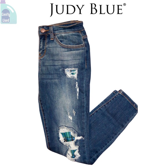 Judy Blue Green and Blue Blackwatch Plaid Distressed Skinny Jeans Size 9 👖💚💙 - Picture 2 of 4